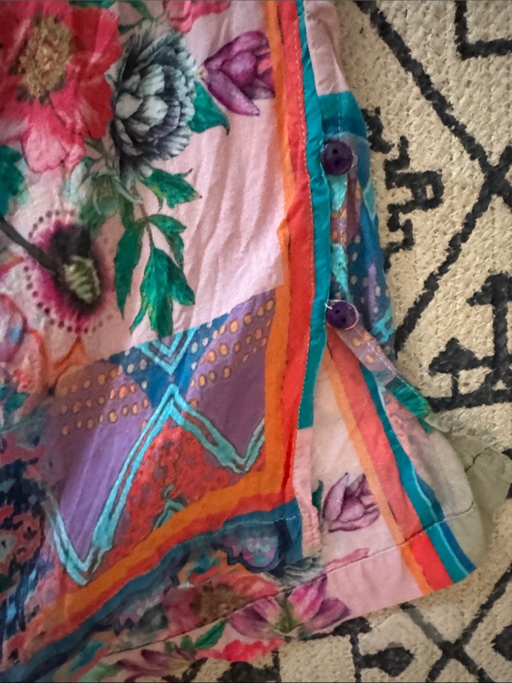 Floral Patchwork Print Wide-Leg Women's Pants - Teal Pink - Picture 5 of 9